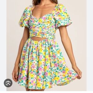 Lulus Multi Floral Puff Sleeve Tie-Front Mini Dress